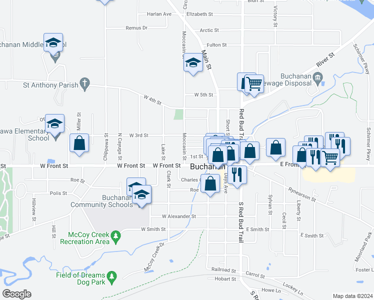 map of restaurants, bars, coffee shops, grocery stores, and more near 113 West Dewey Street in Buchanan