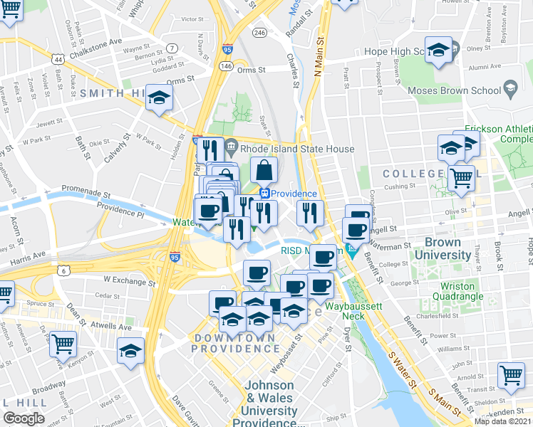 map of restaurants, bars, coffee shops, grocery stores, and more near Exchange St & Park Row W in Providence