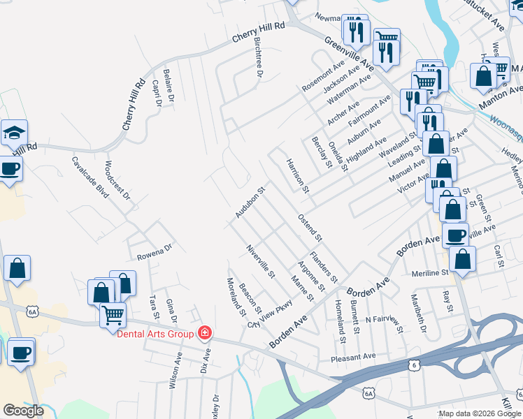 map of restaurants, bars, coffee shops, grocery stores, and more near 61 Argonne Street in Johnston