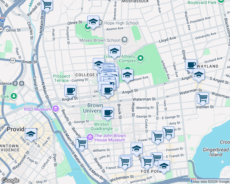 map of restaurants, bars, coffee shops, grocery stores, and more near 198 Angell Street in Providence