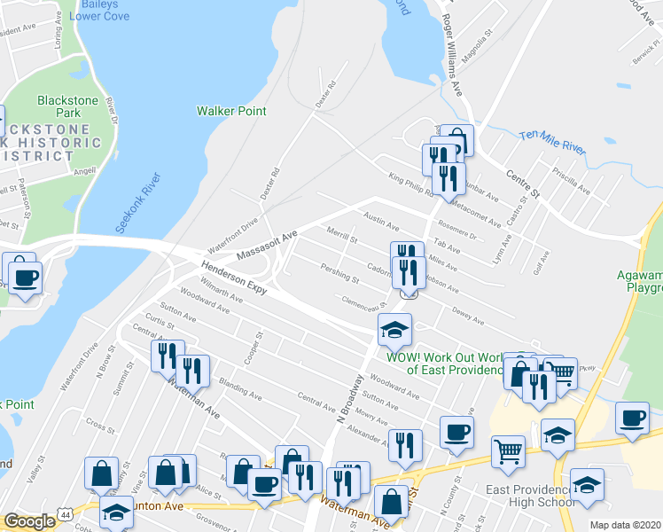 map of restaurants, bars, coffee shops, grocery stores, and more near 80 Pershing Street in East Providence