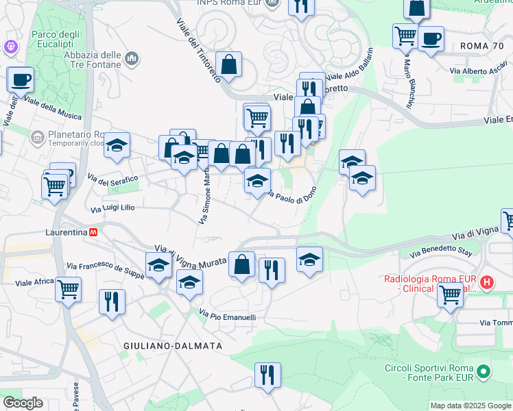 map of restaurants, bars, coffee shops, grocery stores, and more near 16 Via Antonio Pisano in Rome