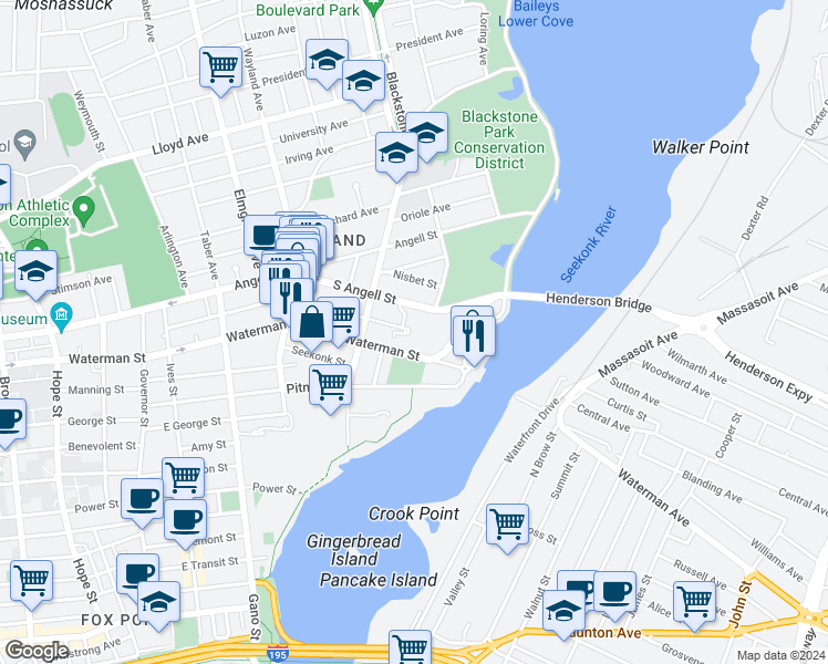 map of restaurants, bars, coffee shops, grocery stores, and more near 111 South Angell Street in Providence