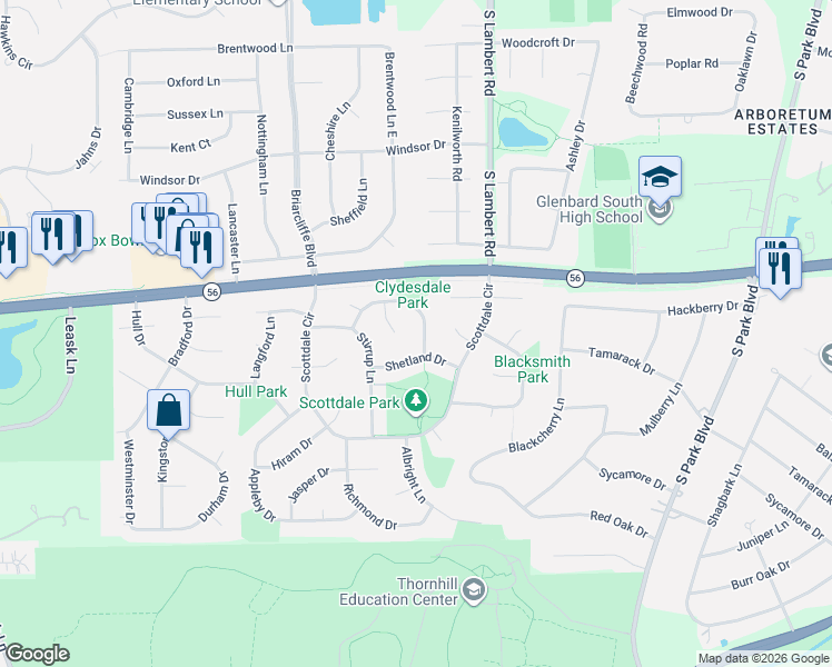 map of restaurants, bars, coffee shops, grocery stores, and more near 1905 Clydesdale Drive in Wheaton
