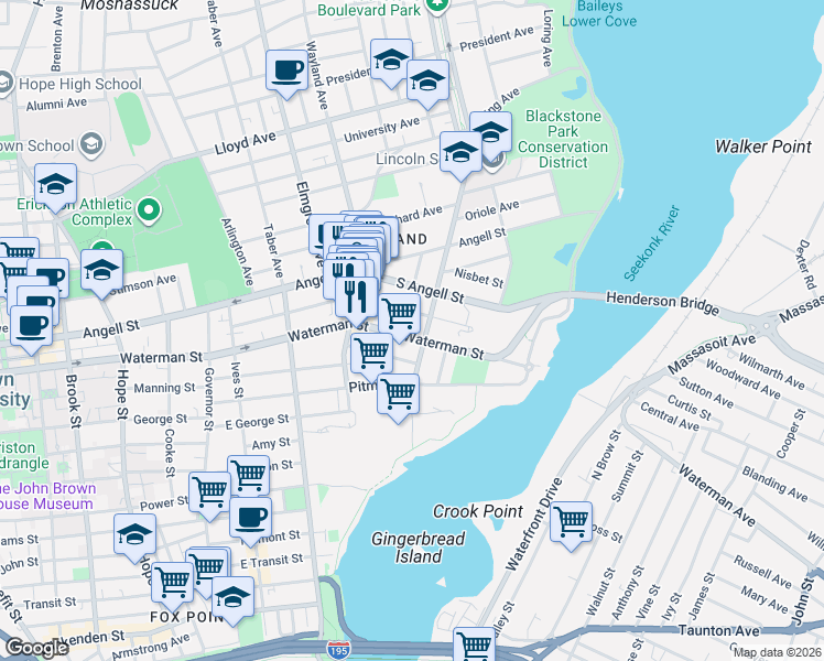 map of restaurants, bars, coffee shops, grocery stores, and more near 172 Medway Street in Providence