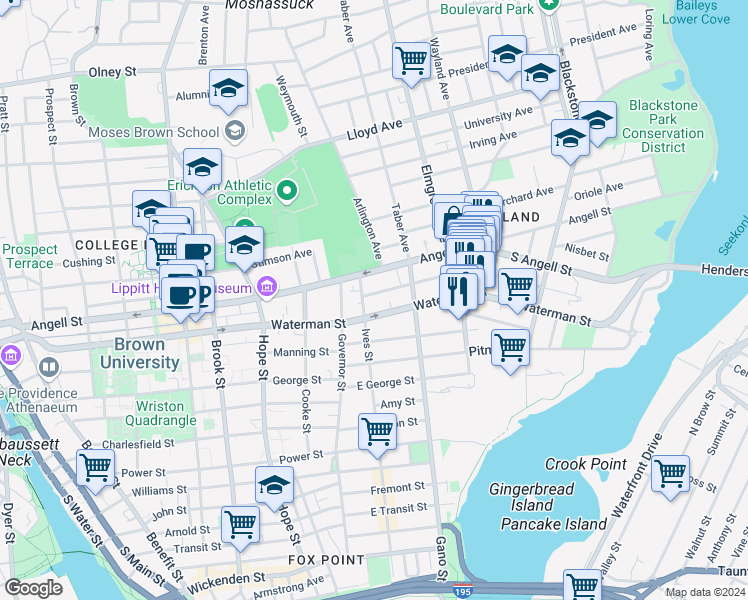 map of restaurants, bars, coffee shops, grocery stores, and more near 373 Angell Street in Providence