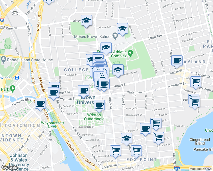 map of restaurants, bars, coffee shops, grocery stores, and more near 245 Meeting Street in Providence