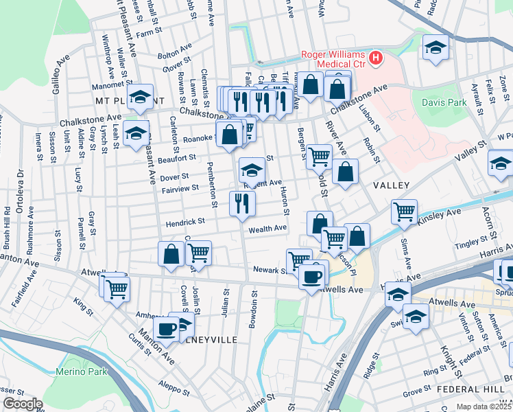 map of restaurants, bars, coffee shops, grocery stores, and more near 145 Academy Avenue in Providence