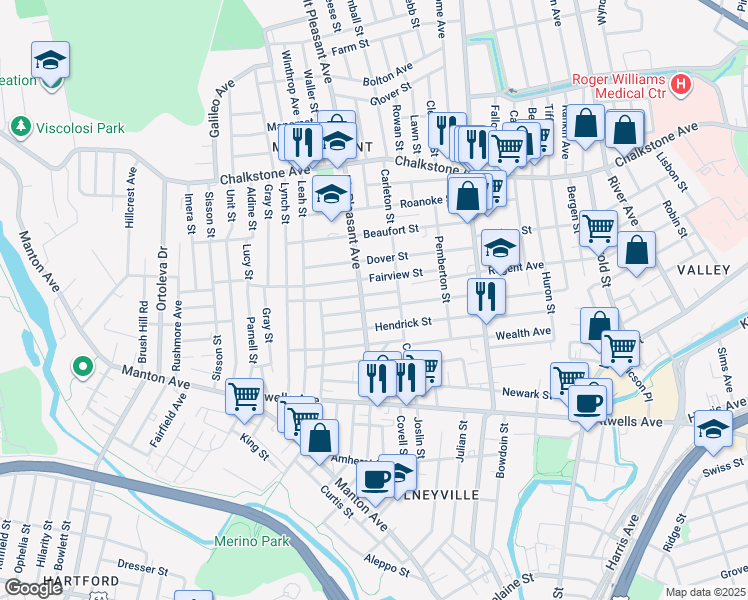 map of restaurants, bars, coffee shops, grocery stores, and more near 60 Fairview Street in Providence
