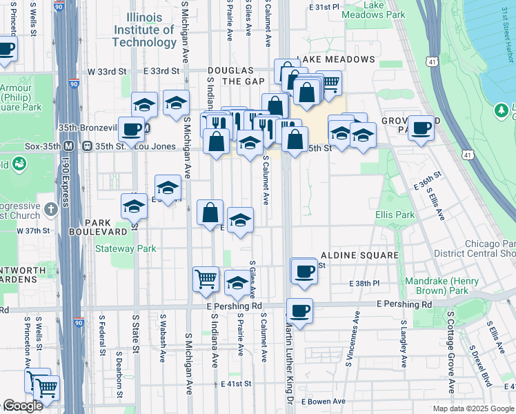 map of restaurants, bars, coffee shops, grocery stores, and more near 3606 South Giles Avenue in Chicago