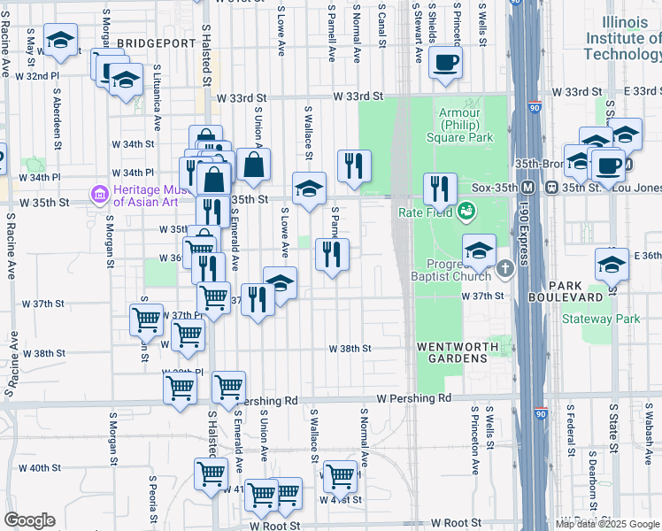 map of restaurants, bars, coffee shops, grocery stores, and more near 549 West 36th Street in Chicago