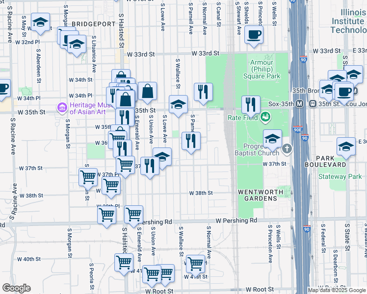 map of restaurants, bars, coffee shops, grocery stores, and more near 549 West 36th Street in Chicago