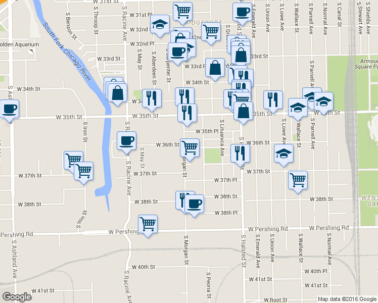map of restaurants, bars, coffee shops, grocery stores, and more near 3550 South Morgan Street in Chicago