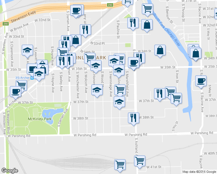 map of restaurants, bars, coffee shops, grocery stores, and more near 3549 South Hermitage Avenue in Chicago