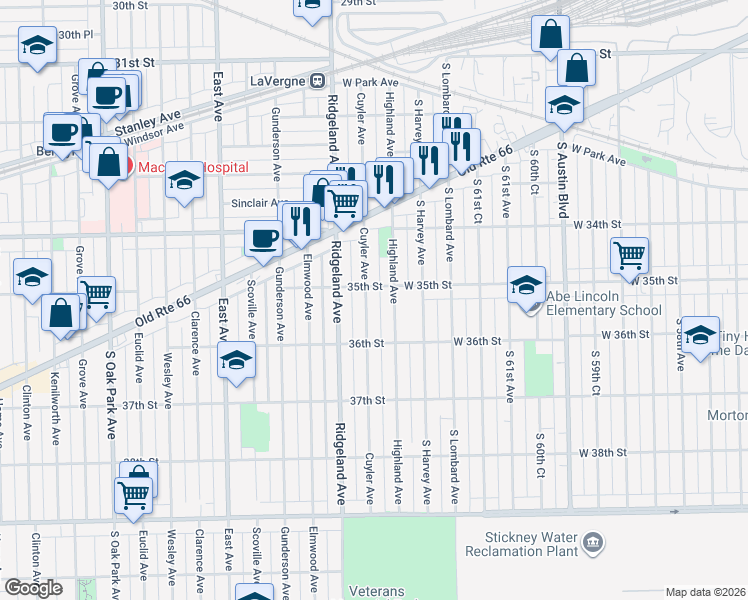 map of restaurants, bars, coffee shops, grocery stores, and more near 3447 Cuyler Avenue in Berwyn