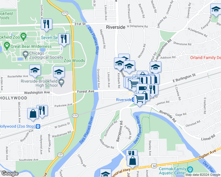 map of restaurants, bars, coffee shops, grocery stores, and more near 69 Lincoln Avenue in Riverside