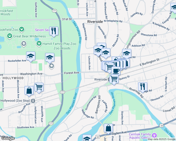 map of restaurants, bars, coffee shops, grocery stores, and more near 69 Lincoln Avenue in Riverside