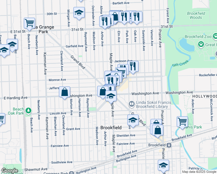 map of restaurants, bars, coffee shops, grocery stores, and more near 3400 Maple Avenue in Brookfield