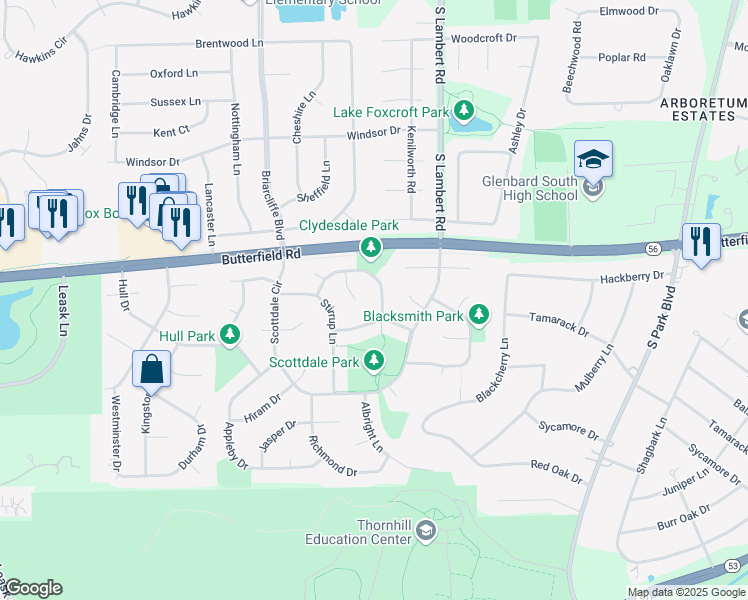 map of restaurants, bars, coffee shops, grocery stores, and more near 1905 Clydesdale Drive in Wheaton