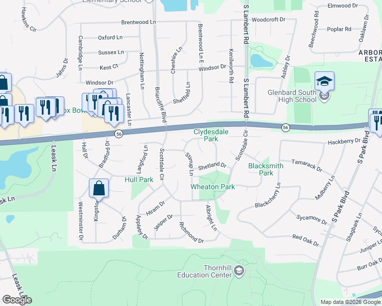 map of restaurants, bars, coffee shops, grocery stores, and more near 1844 Clydesdale Drive in Wheaton
