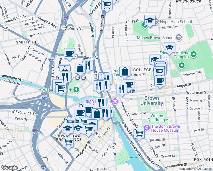 map of restaurants, bars, coffee shops, grocery stores, and more near 125 North Main Street in Providence