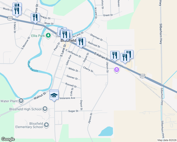 map of restaurants, bars, coffee shops, grocery stores, and more near 316 Cherry Street in Blissfield