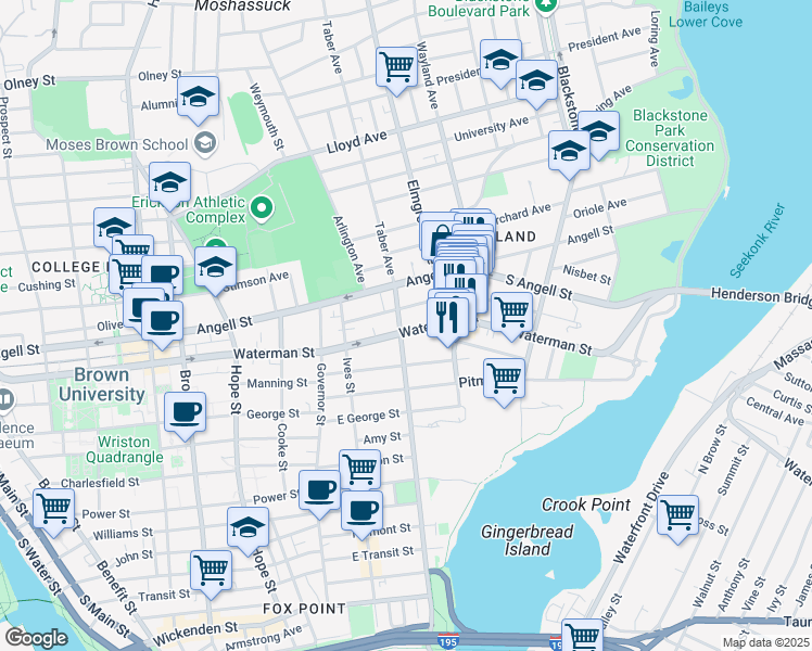 map of restaurants, bars, coffee shops, grocery stores, and more near 257 Gano Street in Providence