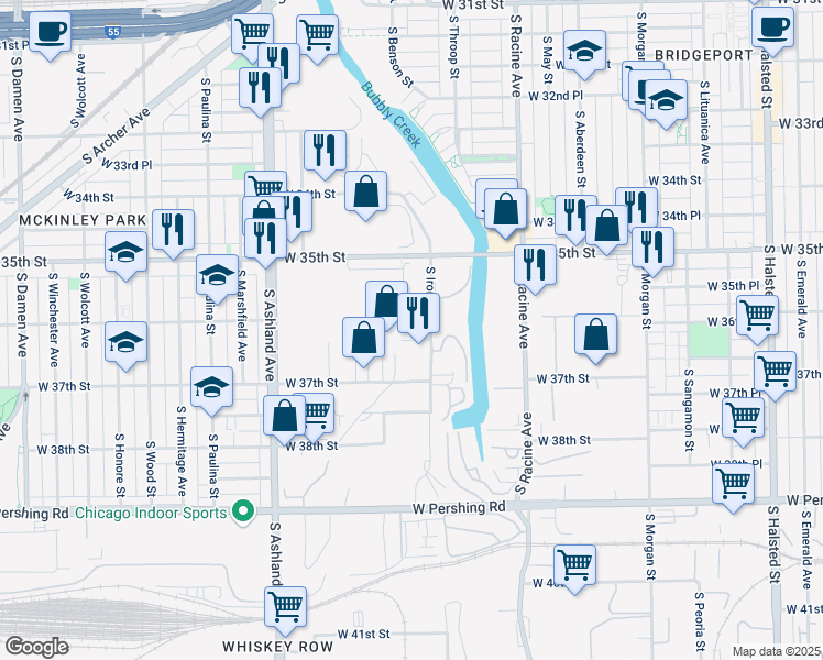 map of restaurants, bars, coffee shops, grocery stores, and more near 3600 South Iron Street in Chicago