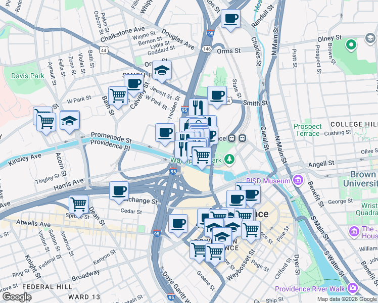 map of restaurants, bars, coffee shops, grocery stores, and more near 178 Providence Place in Providence