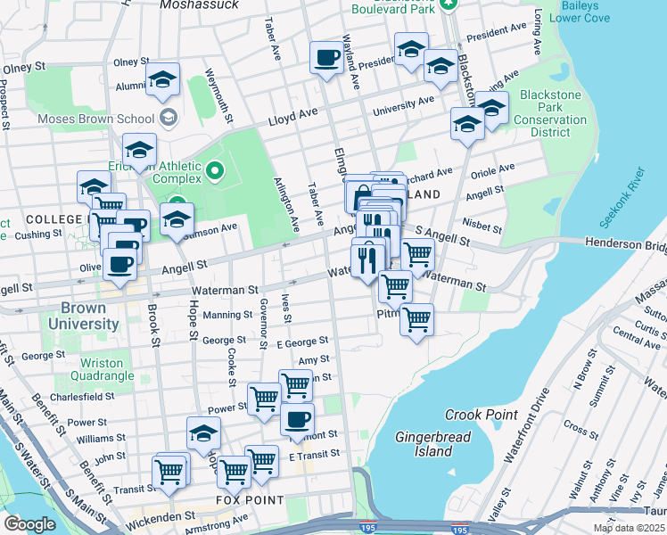 map of restaurants, bars, coffee shops, grocery stores, and more near 257 Gano Street in Providence