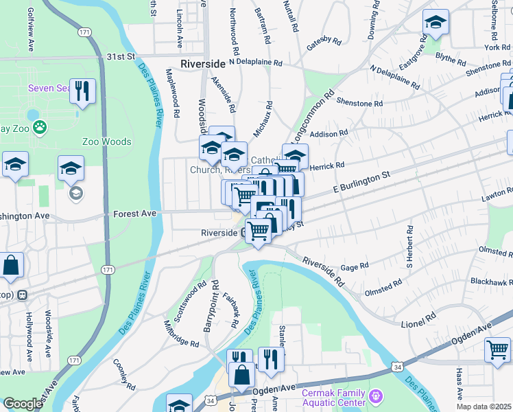 map of restaurants, bars, coffee shops, grocery stores, and more near 45 Longcommon Road in Riverside