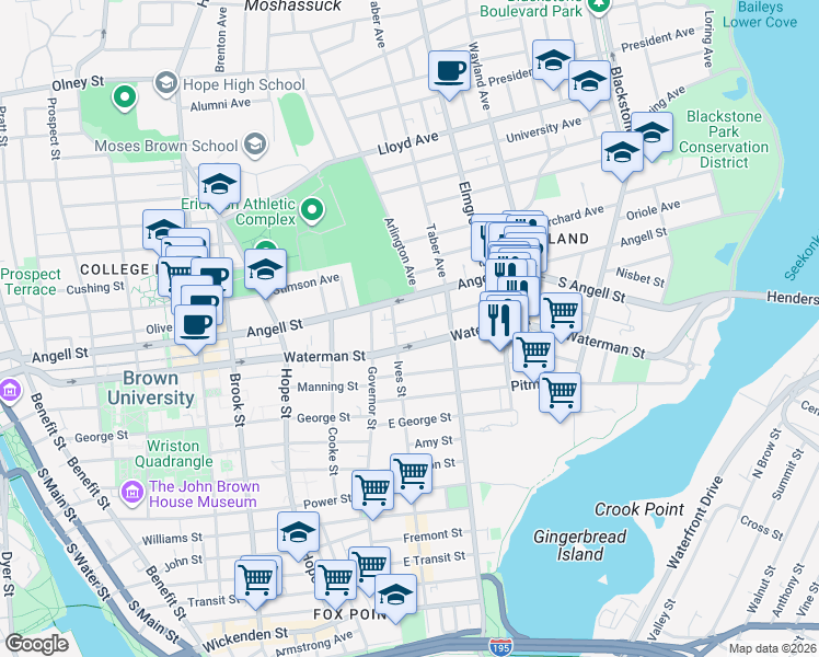 map of restaurants, bars, coffee shops, grocery stores, and more near 11 Medway Street in Providence