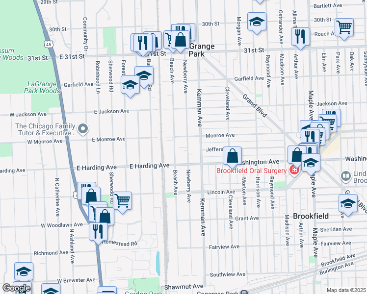 map of restaurants, bars, coffee shops, grocery stores, and more near 736 Newberry Avenue in La Grange Park