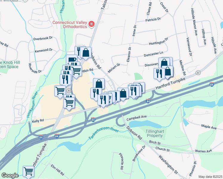 map of restaurants, bars, coffee shops, grocery stores, and more near 7 Dobson Commons Circle in Vernon