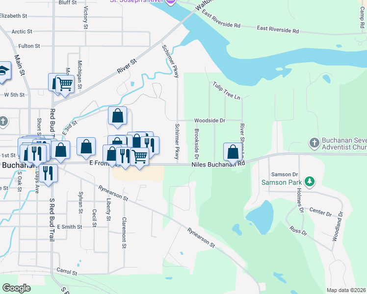 map of restaurants, bars, coffee shops, grocery stores, and more near 129 Schirmer Parkway in Buchanan