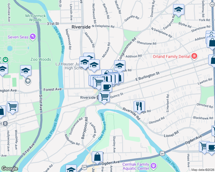 map of restaurants, bars, coffee shops, grocery stores, and more near 10 East Burlington Street in Riverside