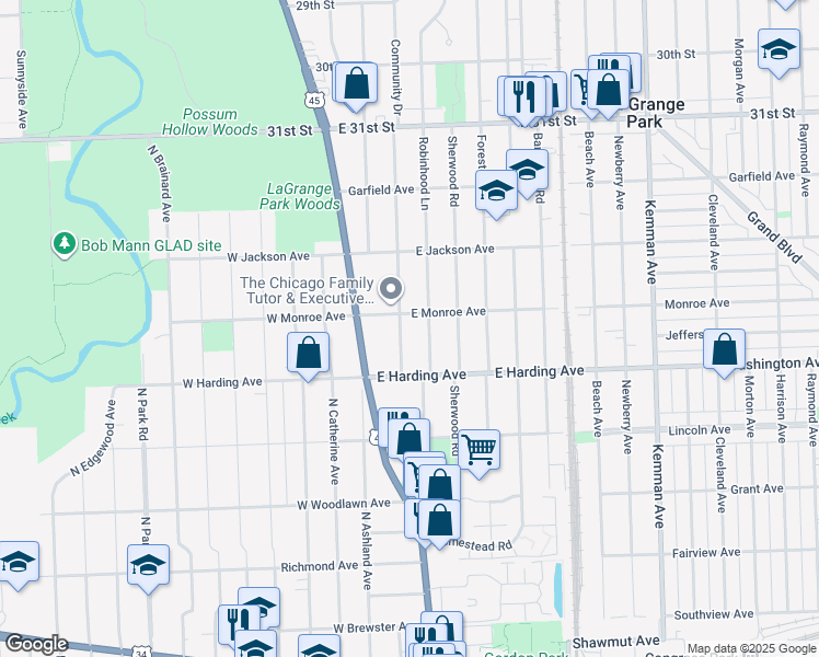 map of restaurants, bars, coffee shops, grocery stores, and more near 733 Community Drive in La Grange Park