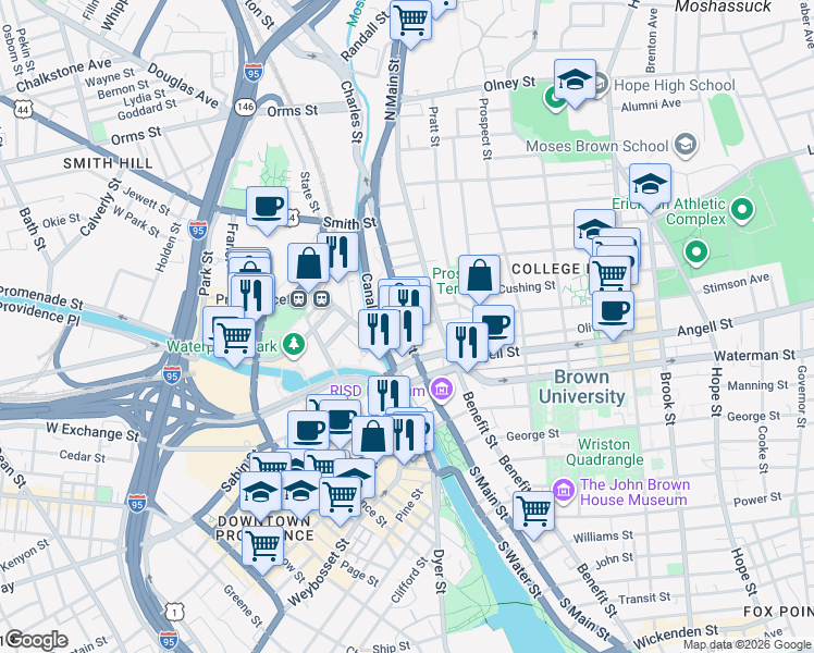 map of restaurants, bars, coffee shops, grocery stores, and more near 2 Providence Road in Sterling