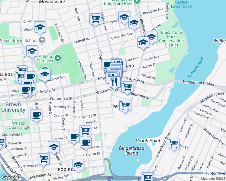 map of restaurants, bars, coffee shops, grocery stores, and more near 161 Wayland Avenue in Providence