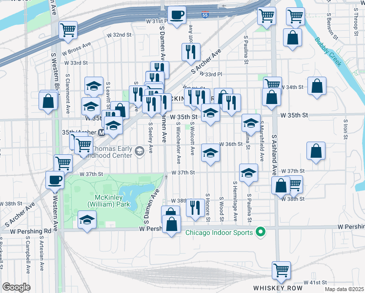 map of restaurants, bars, coffee shops, grocery stores, and more near 3601 South Winchester Avenue in Chicago