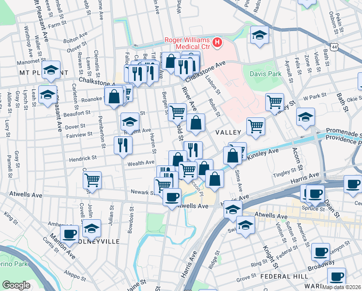 map of restaurants, bars, coffee shops, grocery stores, and more near 56 Harold Street in Providence