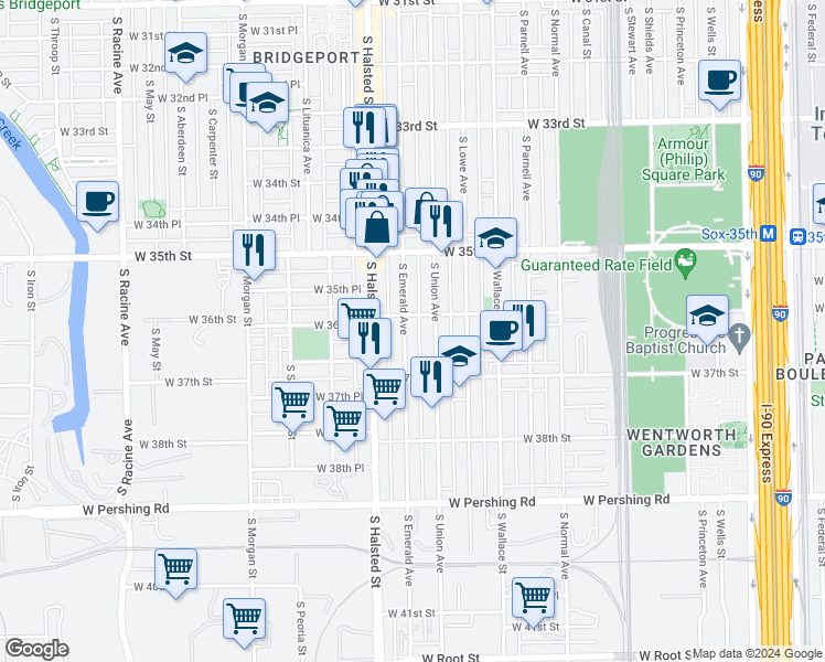 map of restaurants, bars, coffee shops, grocery stores, and more near 3613 South Emerald Avenue in Chicago