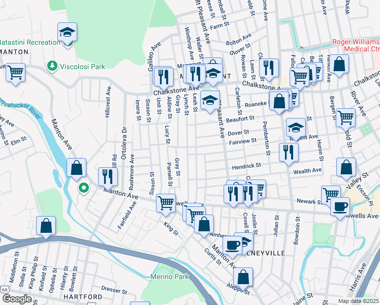 map of restaurants, bars, coffee shops, grocery stores, and more near 167 Fairview Street in Providence
