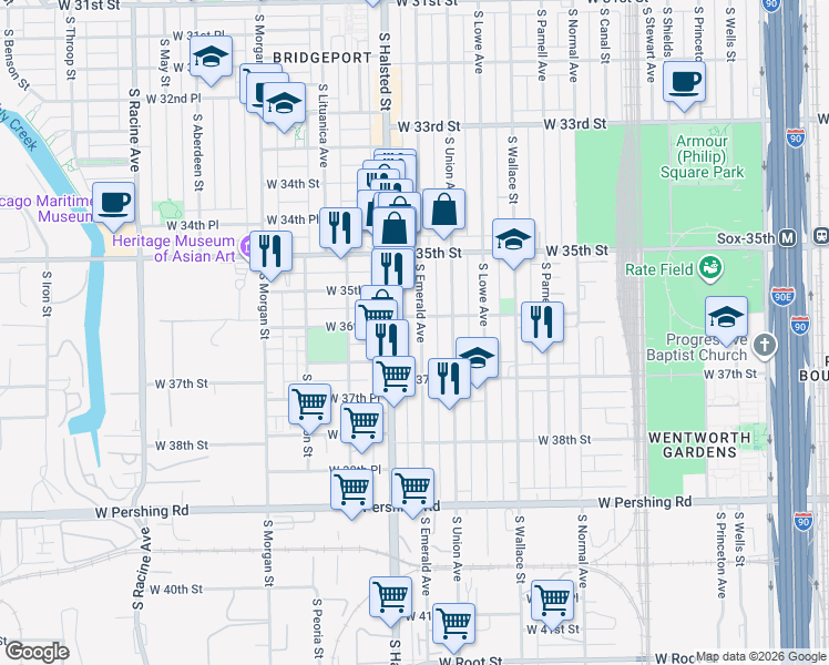 map of restaurants, bars, coffee shops, grocery stores, and more near 3558 South Emerald Avenue in Chicago