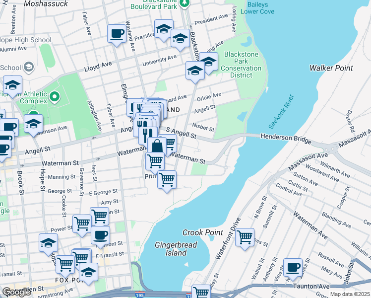map of restaurants, bars, coffee shops, grocery stores, and more near 163 Butler Avenue in Providence