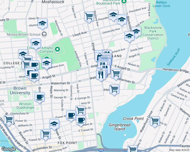 map of restaurants, bars, coffee shops, grocery stores, and more near 218 Waterman Street in Providence