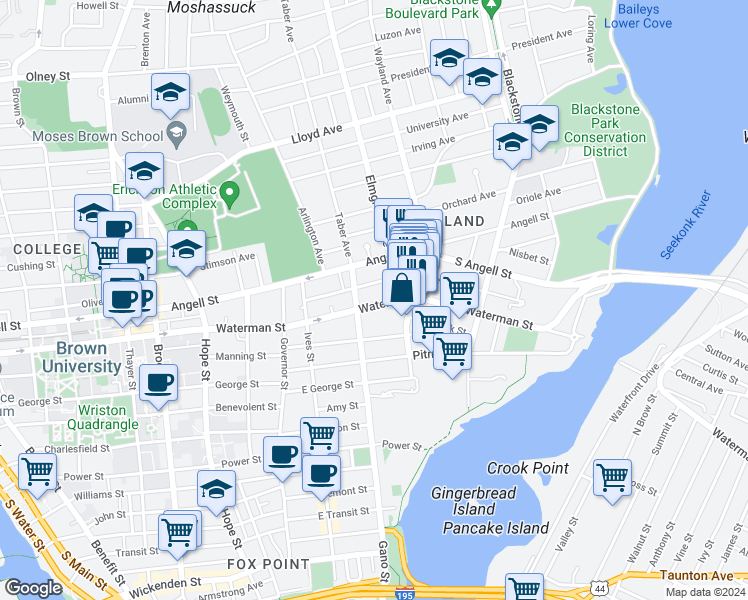 map of restaurants, bars, coffee shops, grocery stores, and more near 218 Waterman Street in Providence
