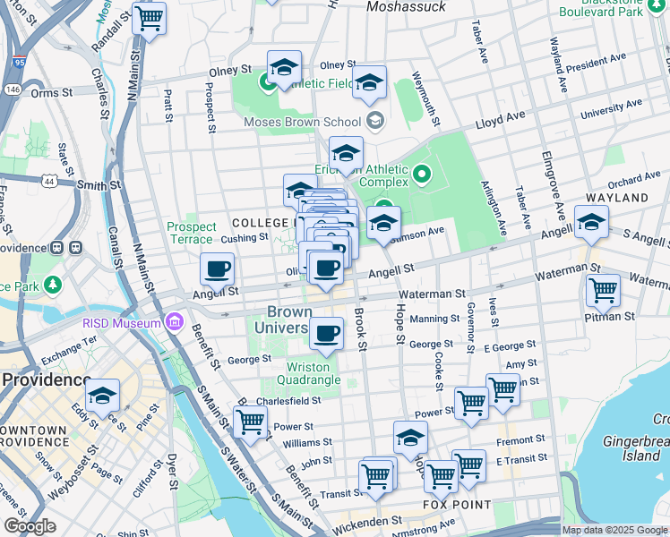 map of restaurants, bars, coffee shops, grocery stores, and more near 245 Meeting Street in Providence