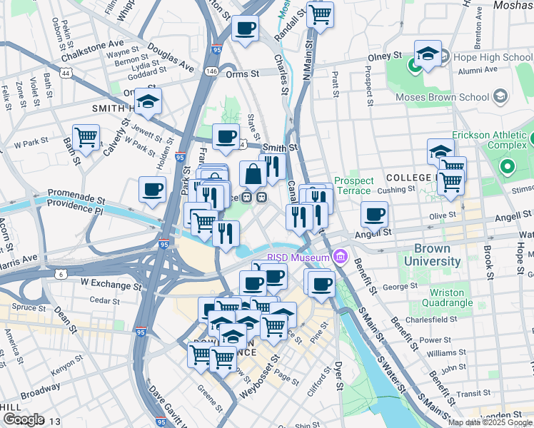 map of restaurants, bars, coffee shops, grocery stores, and more near 25 Park Row West in Providence