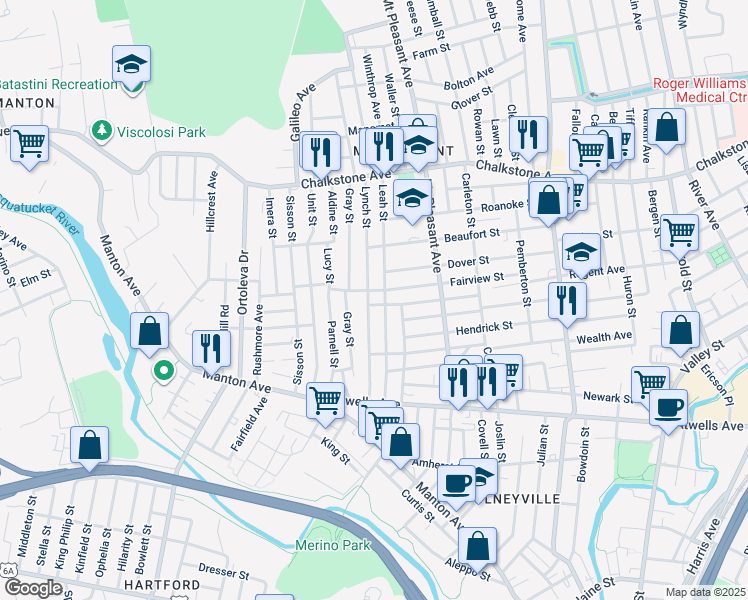 map of restaurants, bars, coffee shops, grocery stores, and more near 167 Fairview Street in Providence